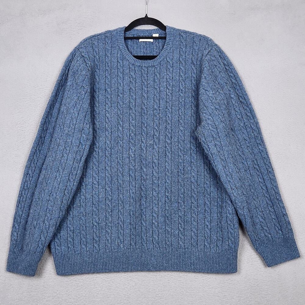 Singer + Sargent Sweater Mens XL Blue Merino Wool Cable Knit Crewneck Pullover